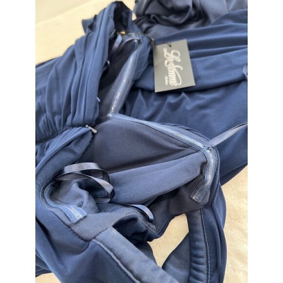 New La Femme Size 10 Off the Shoulder Ruched Floor Length Gown Navy - Picture 10 of 13